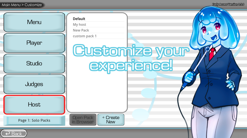 The Choicer Voicer Customize menu showing studio, player, judges, and host options